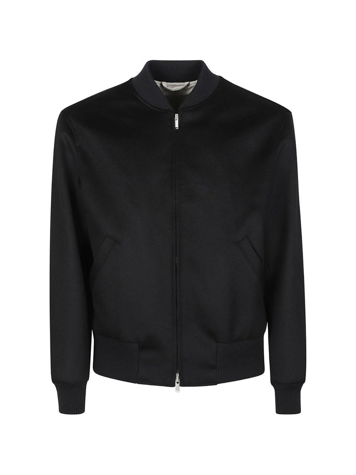 Bomber grigio scuro in lana vergine con bordo a coste 