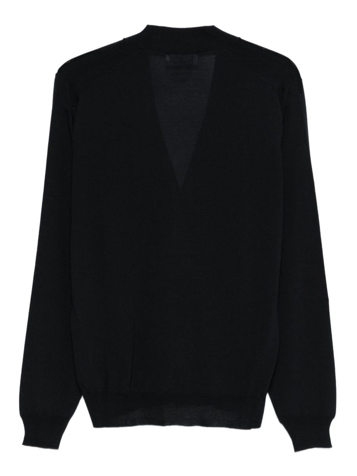 Cardigan blu in lana con scollo a V 