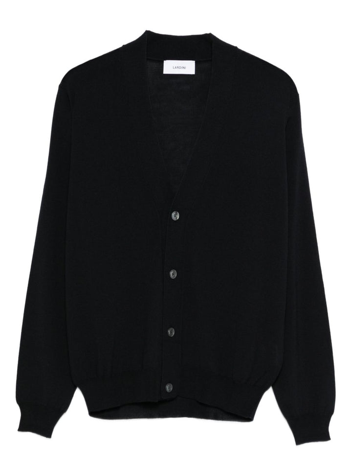Cardigan blu in lana con scollo a V 