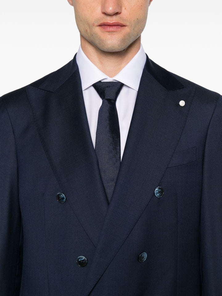 Abito doppiopetto con revers a lancia in lana blu navy<BR/> 