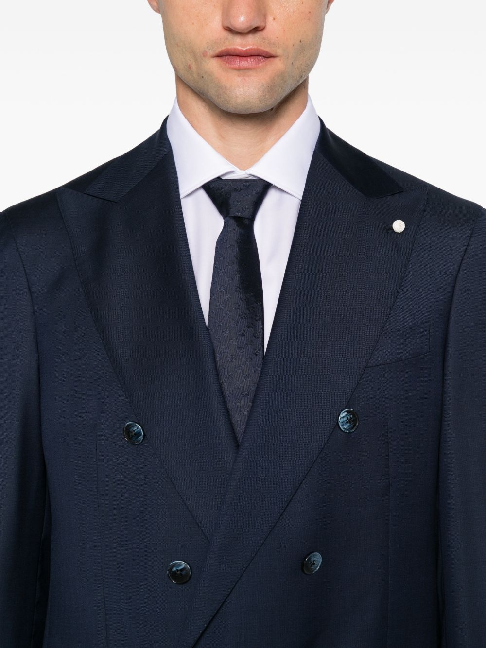 Abito doppiopetto con revers a lancia in lana blu navy<BR/> 