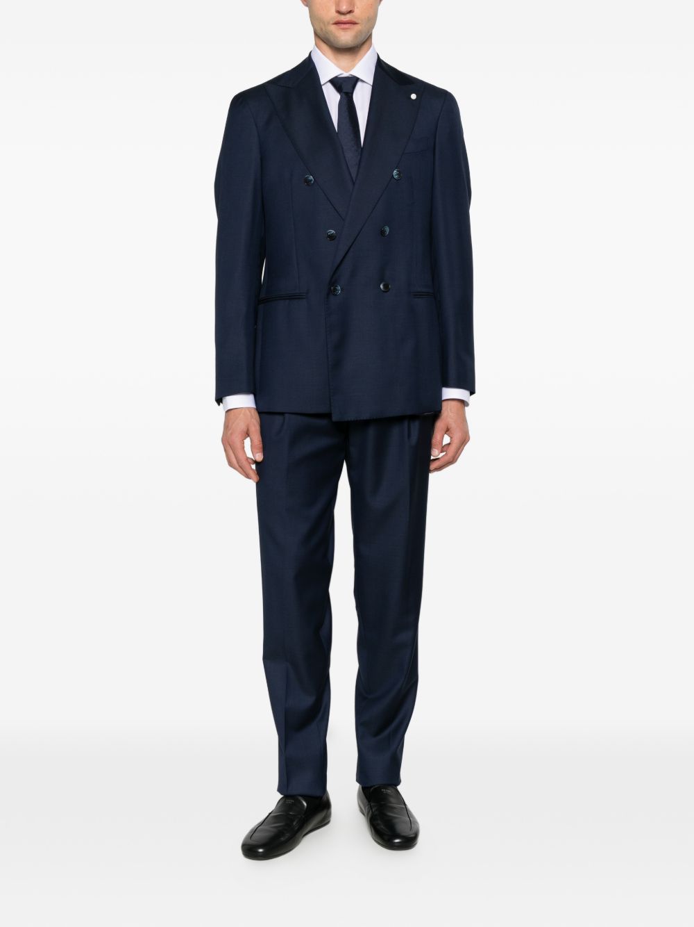 Abito doppiopetto con revers a lancia in lana blu navy<BR/> 