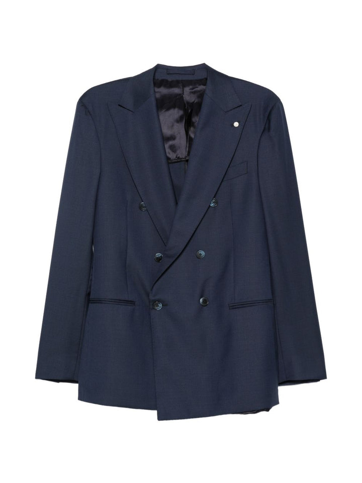 Abito doppiopetto con revers a lancia in lana blu navy<BR/> 