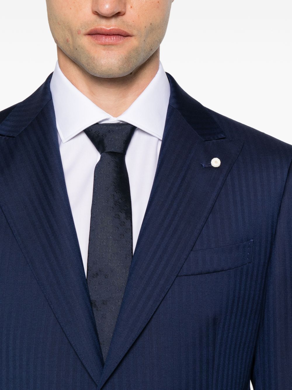Abito monopetto con motivo spigato in lana blu<BR/> 