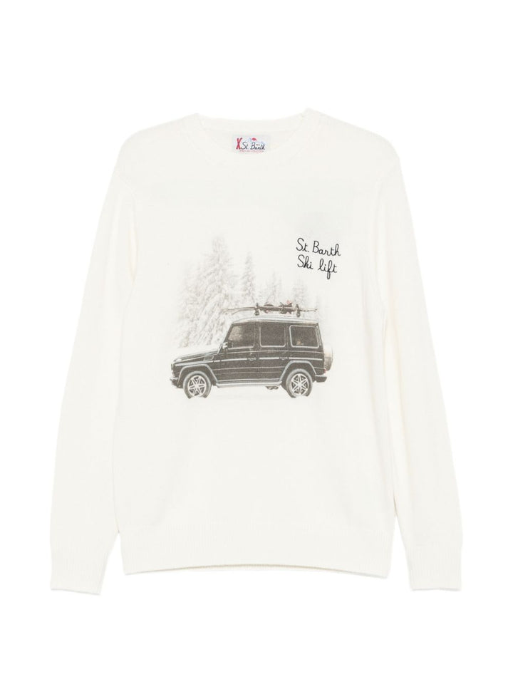 Maglione Girocollo Bianco con Stampa Grafica 