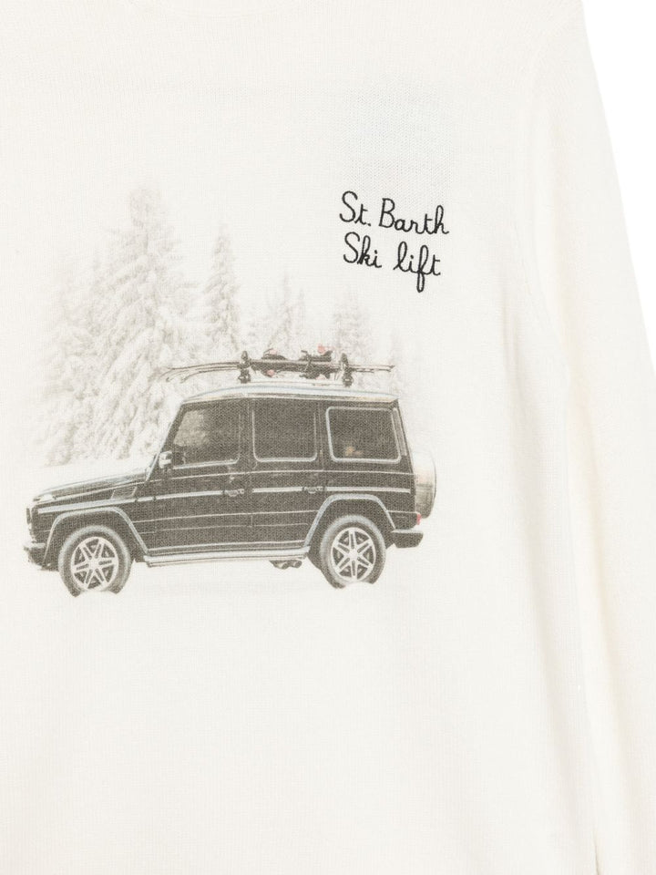 Maglione Girocollo Bianco con Stampa Grafica 