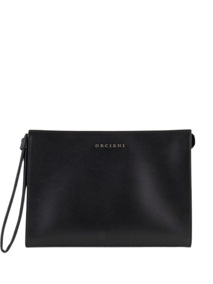 Pochette nera in pelle di vitello con placca logo 
