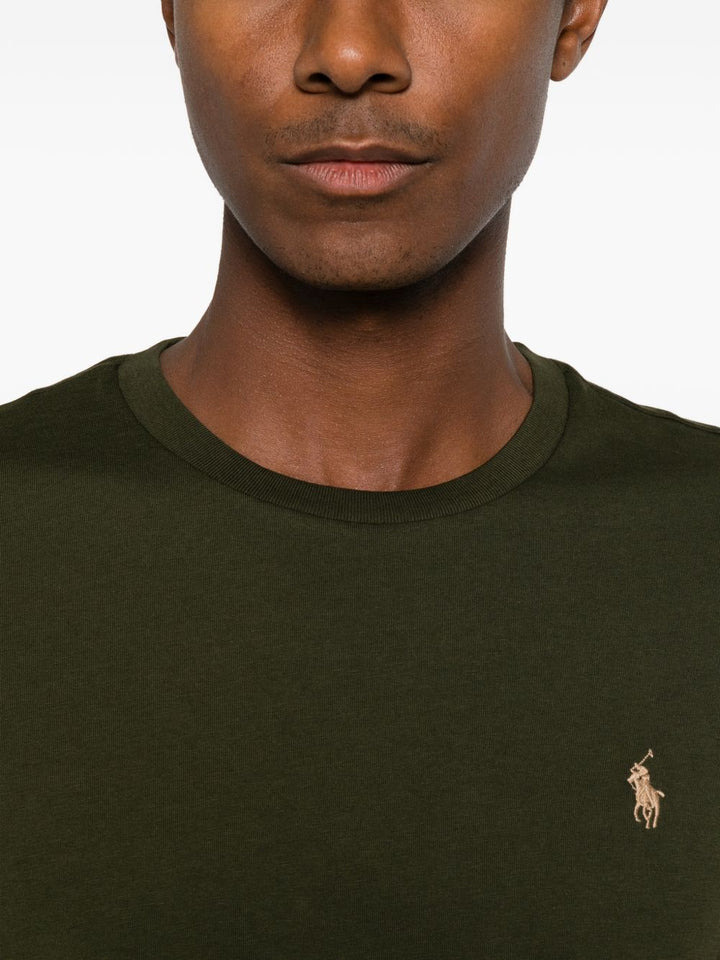 T-shirt con logo ricamato in cotone verde scuro 