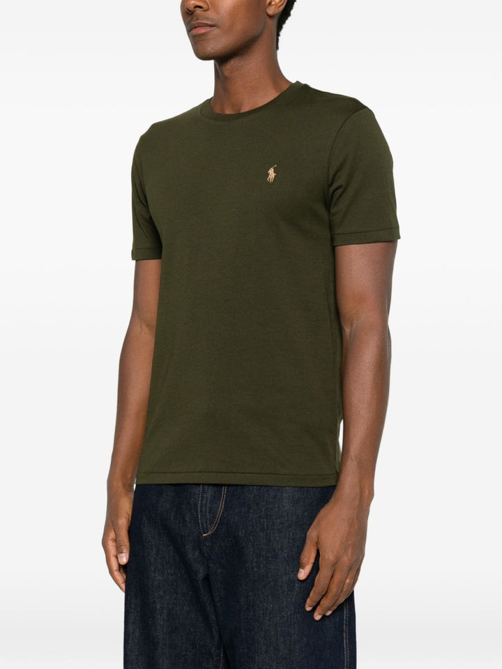 T-shirt con logo ricamato in cotone verde scuro 