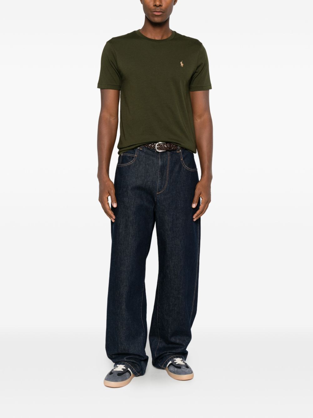 T-shirt con logo ricamato in cotone verde scuro 