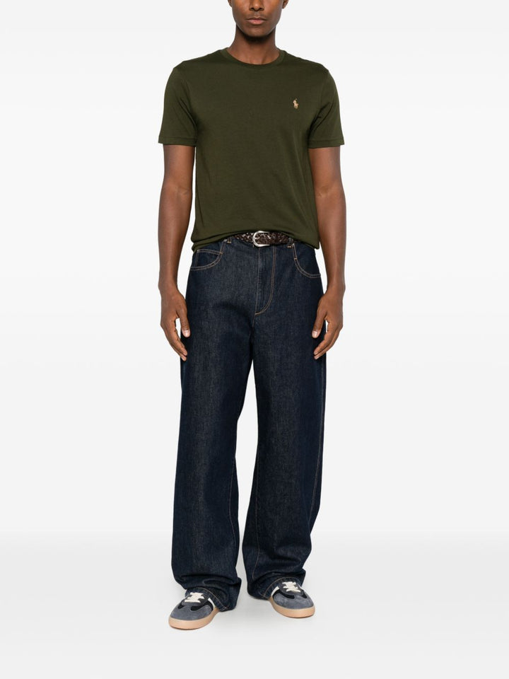 T-shirt con logo ricamato in cotone verde scuro 