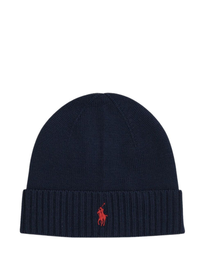 Berretto in lana con logo ricamato blu navy 