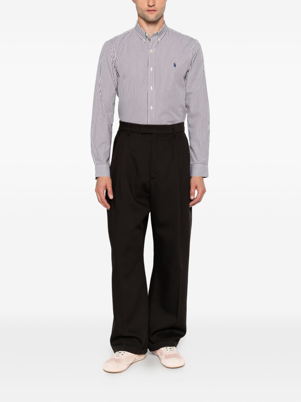 Camicia a righe con logo ricamato in cotone marrone 