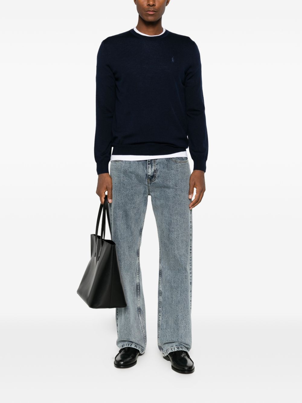 Maglione girocollo con logo in lana blu 