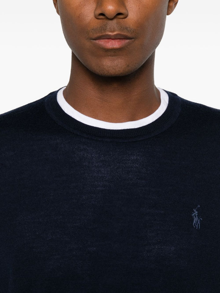 Maglione girocollo con logo in lana blu 