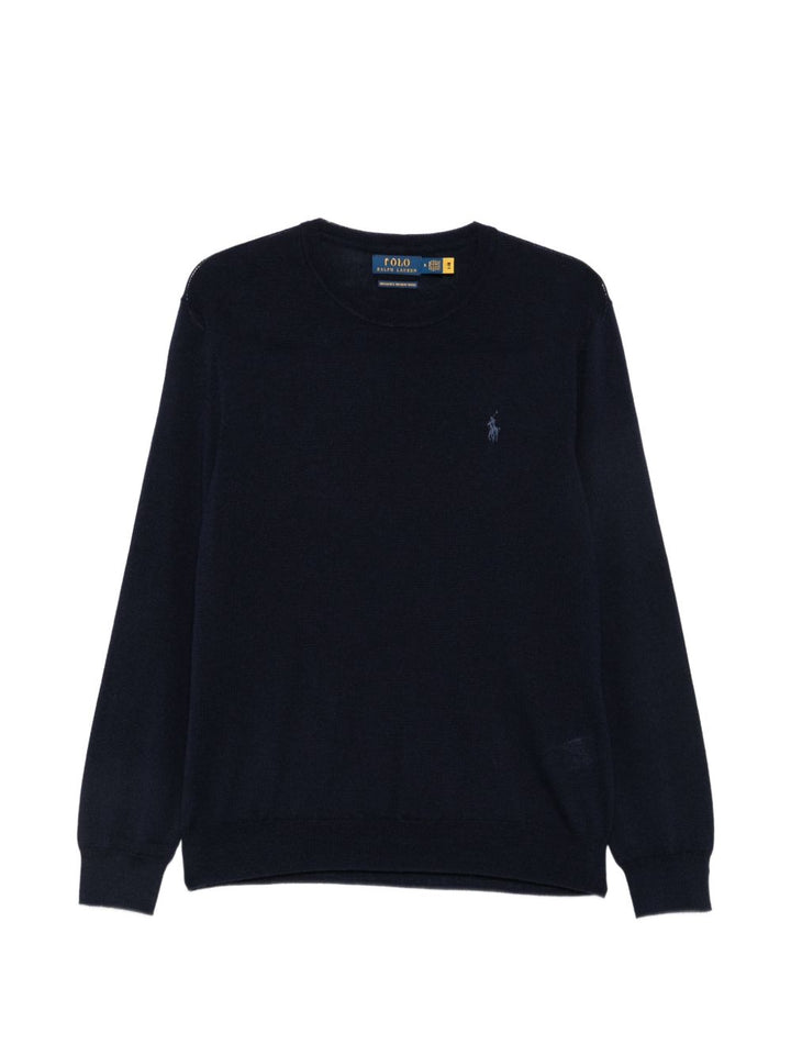 Maglione girocollo con logo in lana blu 