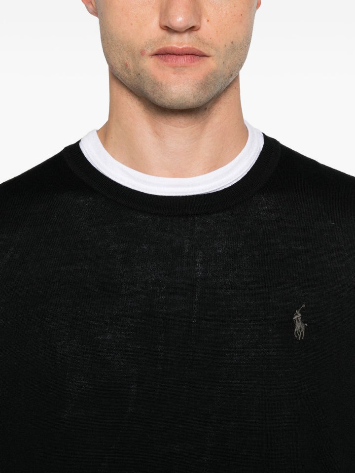 Maglione girocollo con logo ricamato in lana nera<BR/> 