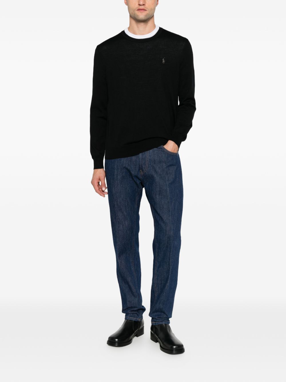 Maglione girocollo con logo ricamato in lana nera<BR/> 