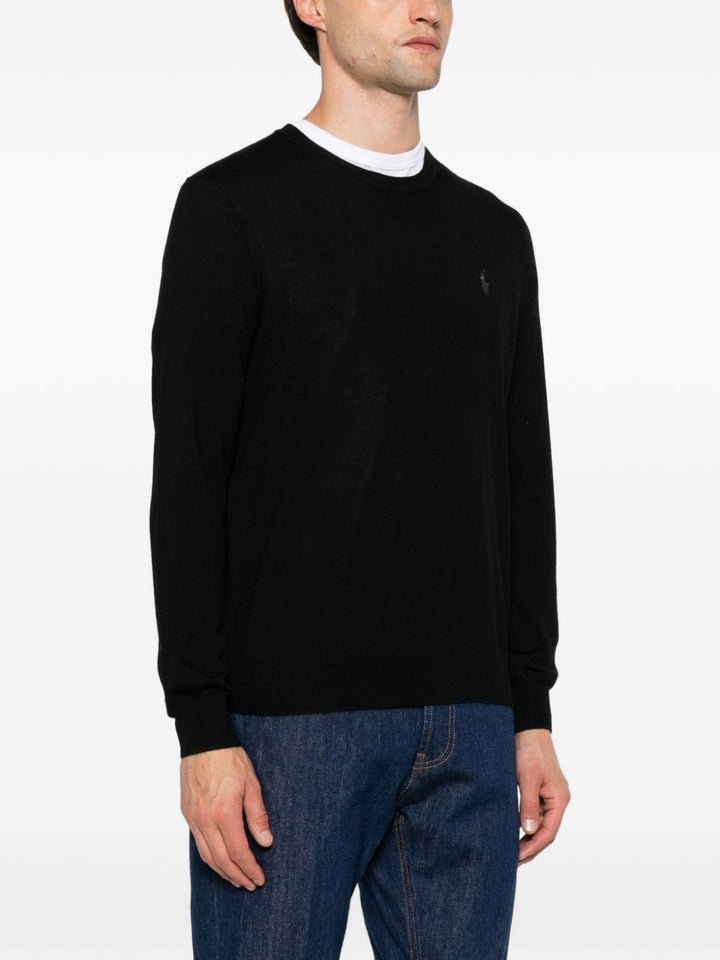 Maglione girocollo con logo ricamato in lana nera<BR/> 