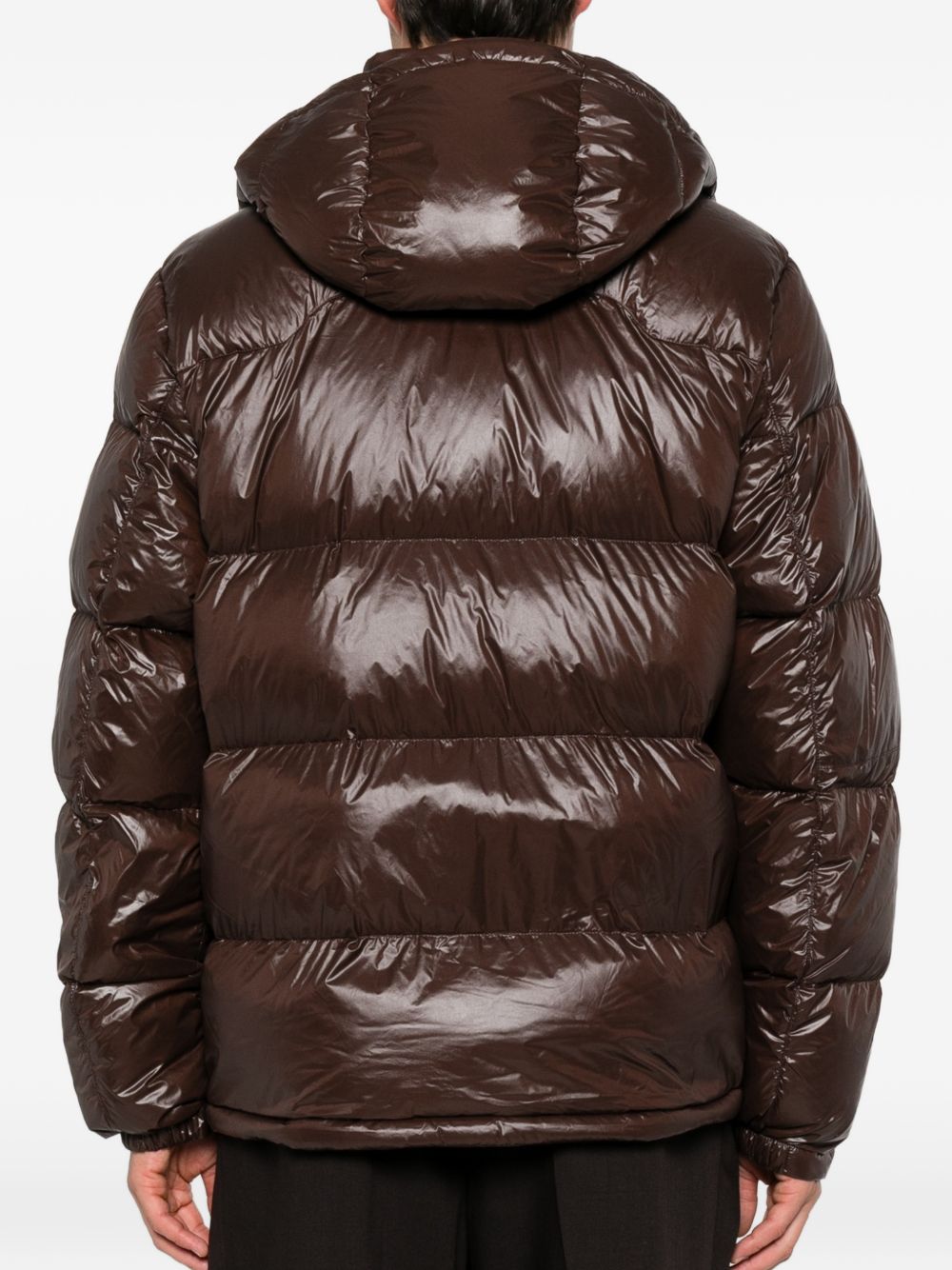 Cappotto trapuntato con cappuccio in nylon riciclato marrone 