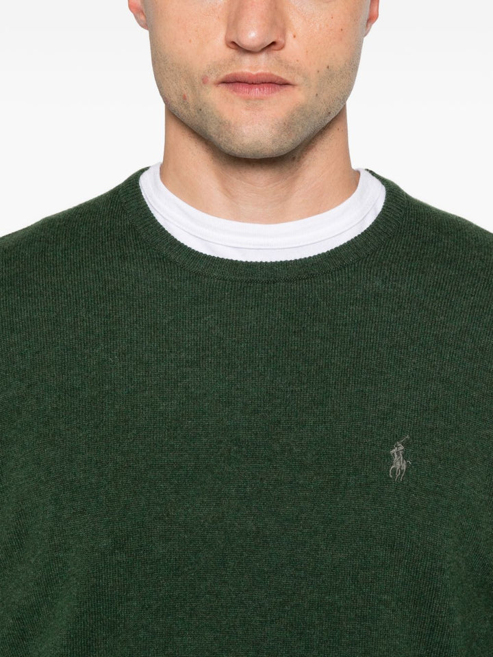 Maglione girocollo con logo ricamato in lana verde 