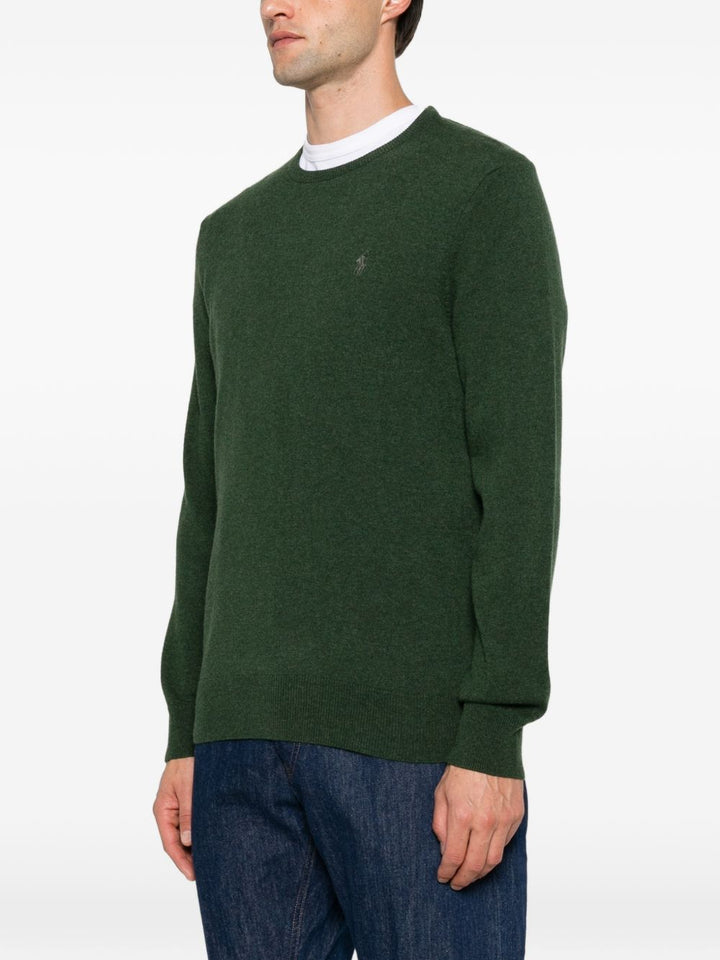 Maglione girocollo con logo ricamato in lana verde 