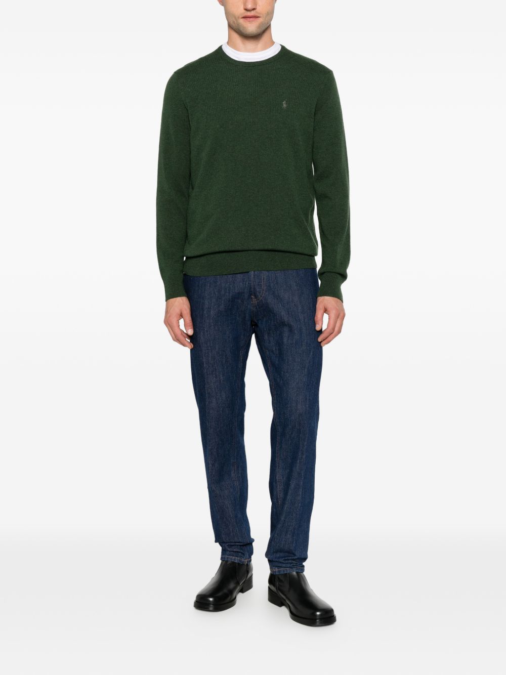 Maglione girocollo con logo ricamato in lana verde 