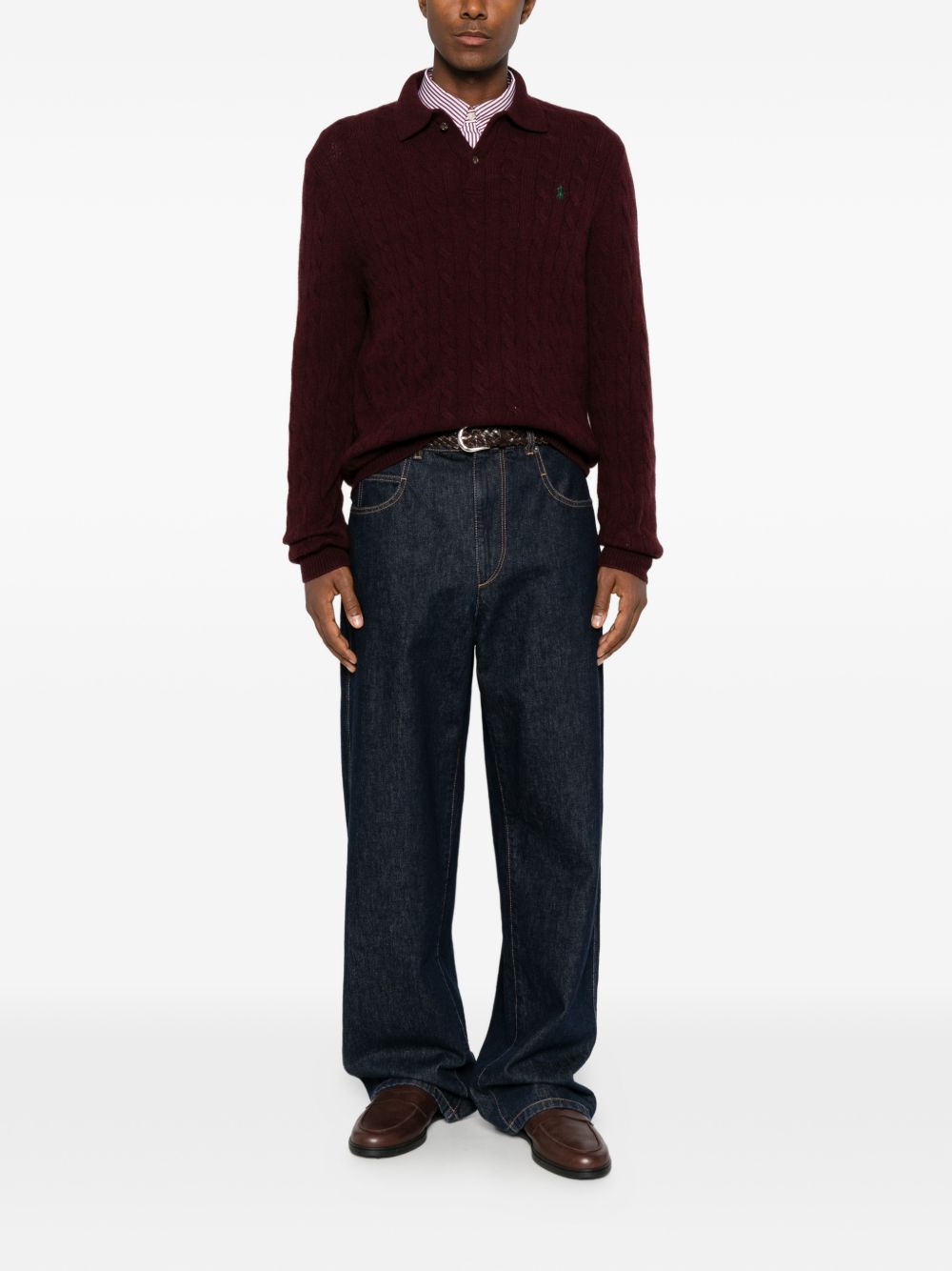 Maglione polo a trecce in lana e cashmere rosso scuro<BR/> 