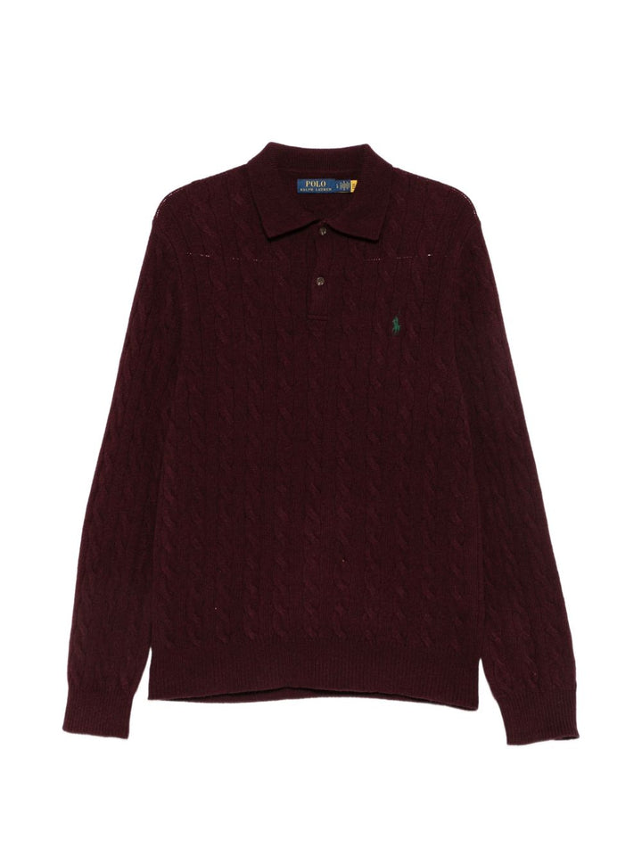 Maglione polo a trecce in lana e cashmere rosso scuro<BR/> 