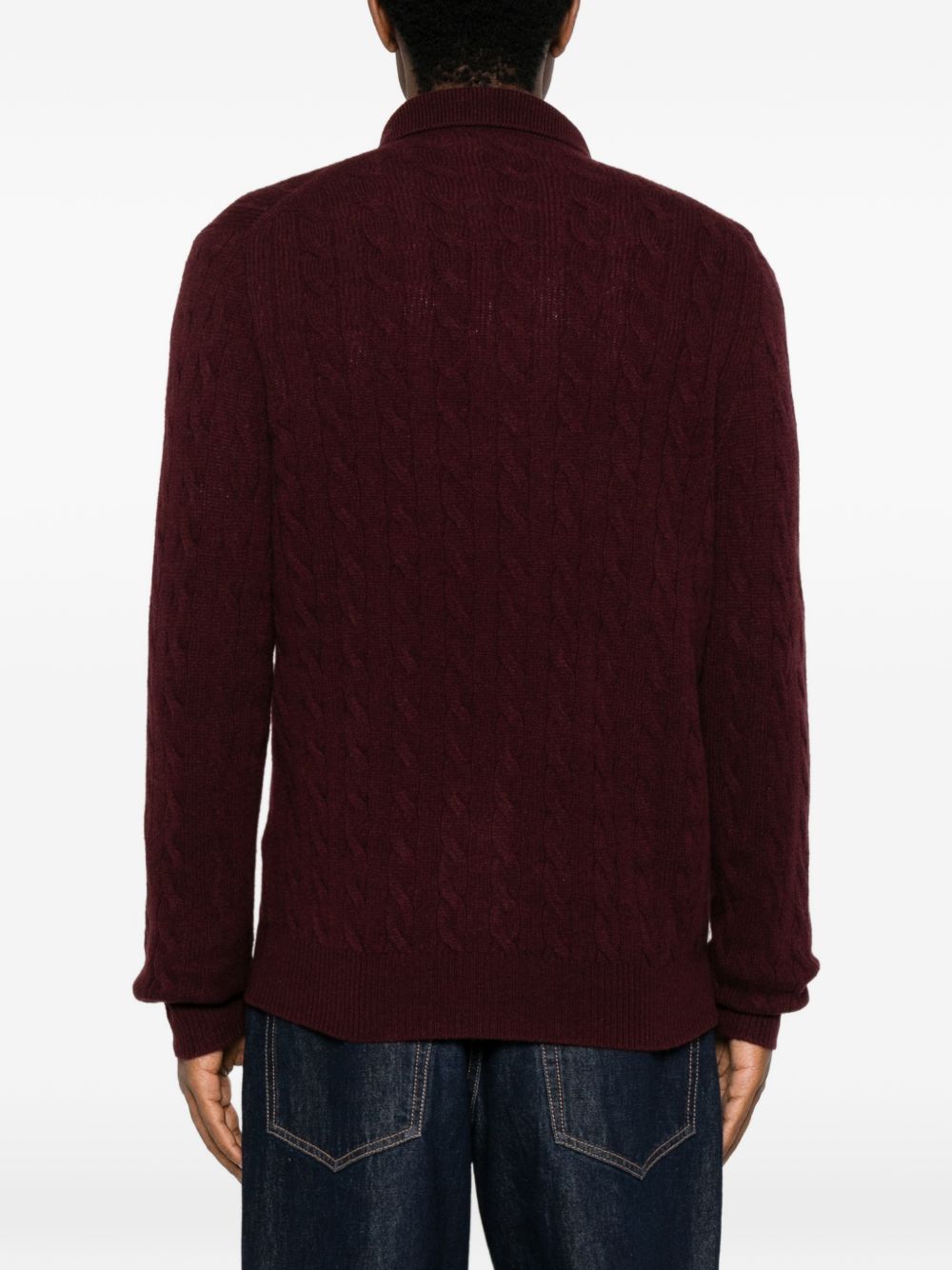 Maglione polo a trecce in lana e cashmere rosso scuro<BR/> 