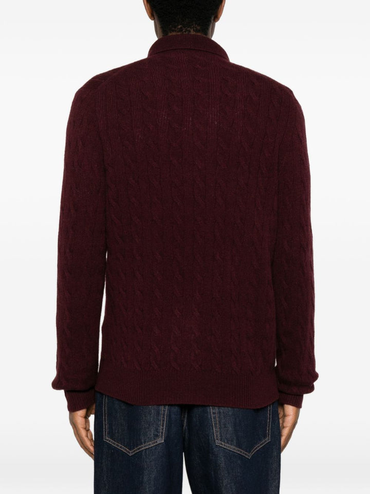 Maglione polo a trecce in lana e cashmere rosso scuro<BR/> 