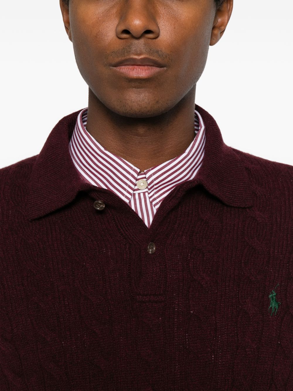 Maglione polo a trecce in lana e cashmere rosso scuro<BR/> 