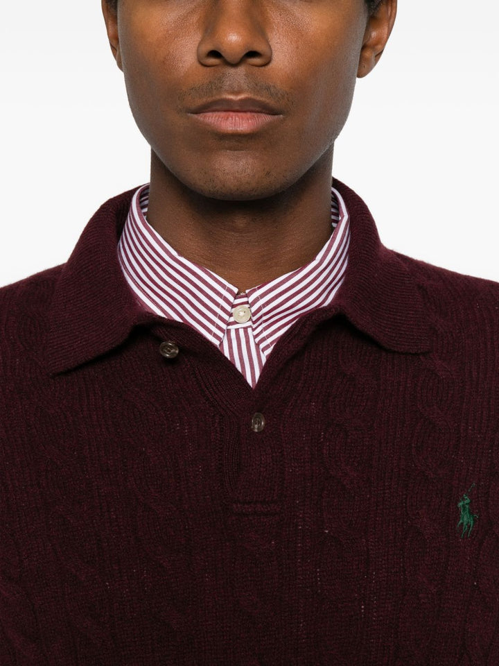 Maglione polo a trecce in lana e cashmere rosso scuro<BR/> 