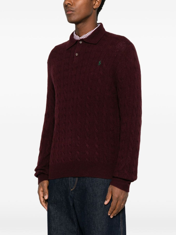 Maglione polo a trecce in lana e cashmere rosso scuro<BR/> 