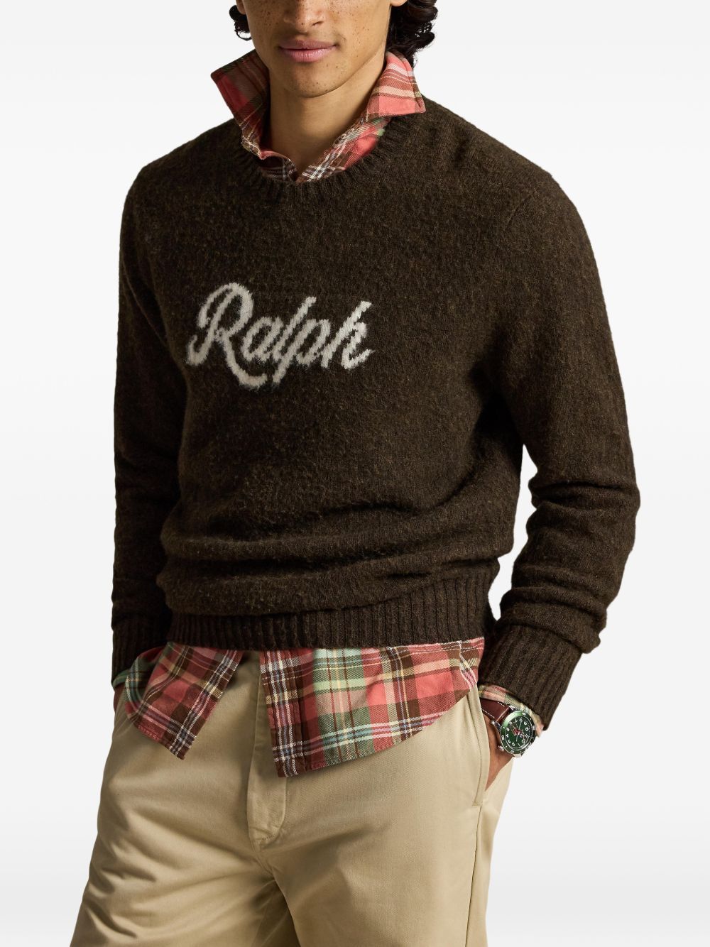 Maglione marrone Polo Ralph Lauren girocollo con logo a intarsi 