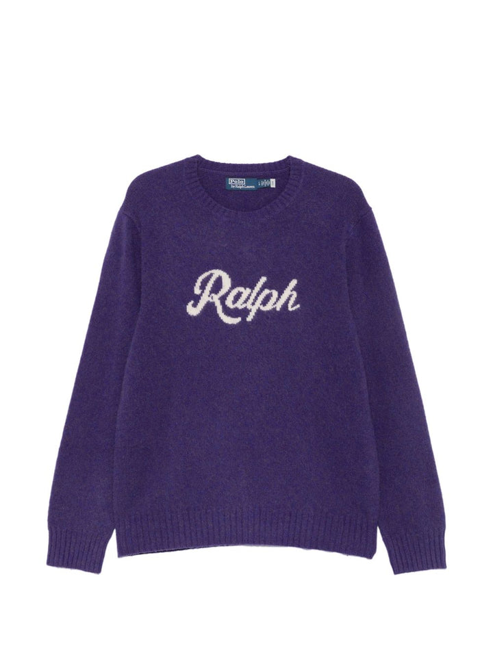 Maglione girocollo con logo in lana e cashmere viola 