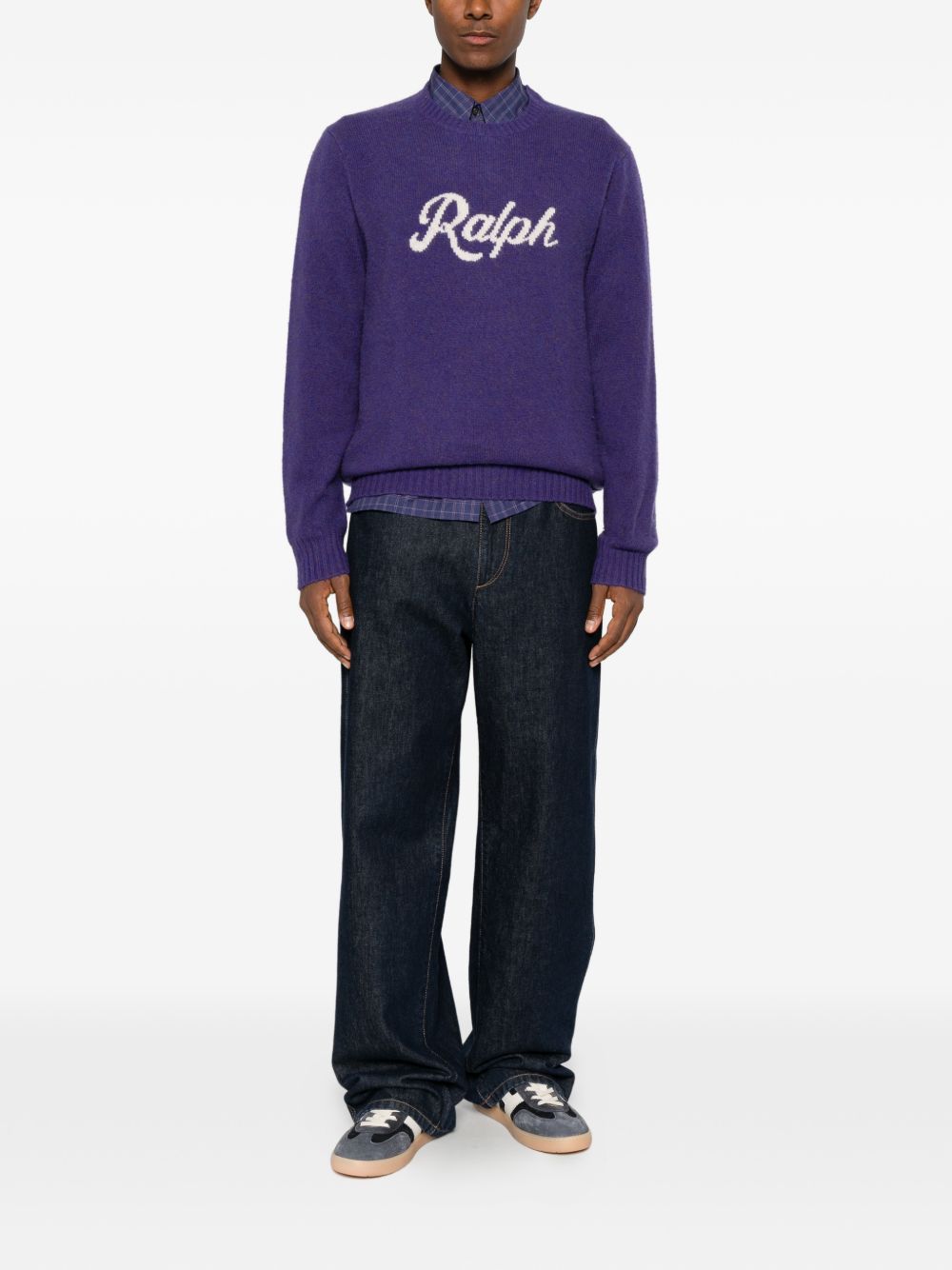 Maglione girocollo con logo in lana e cashmere viola 