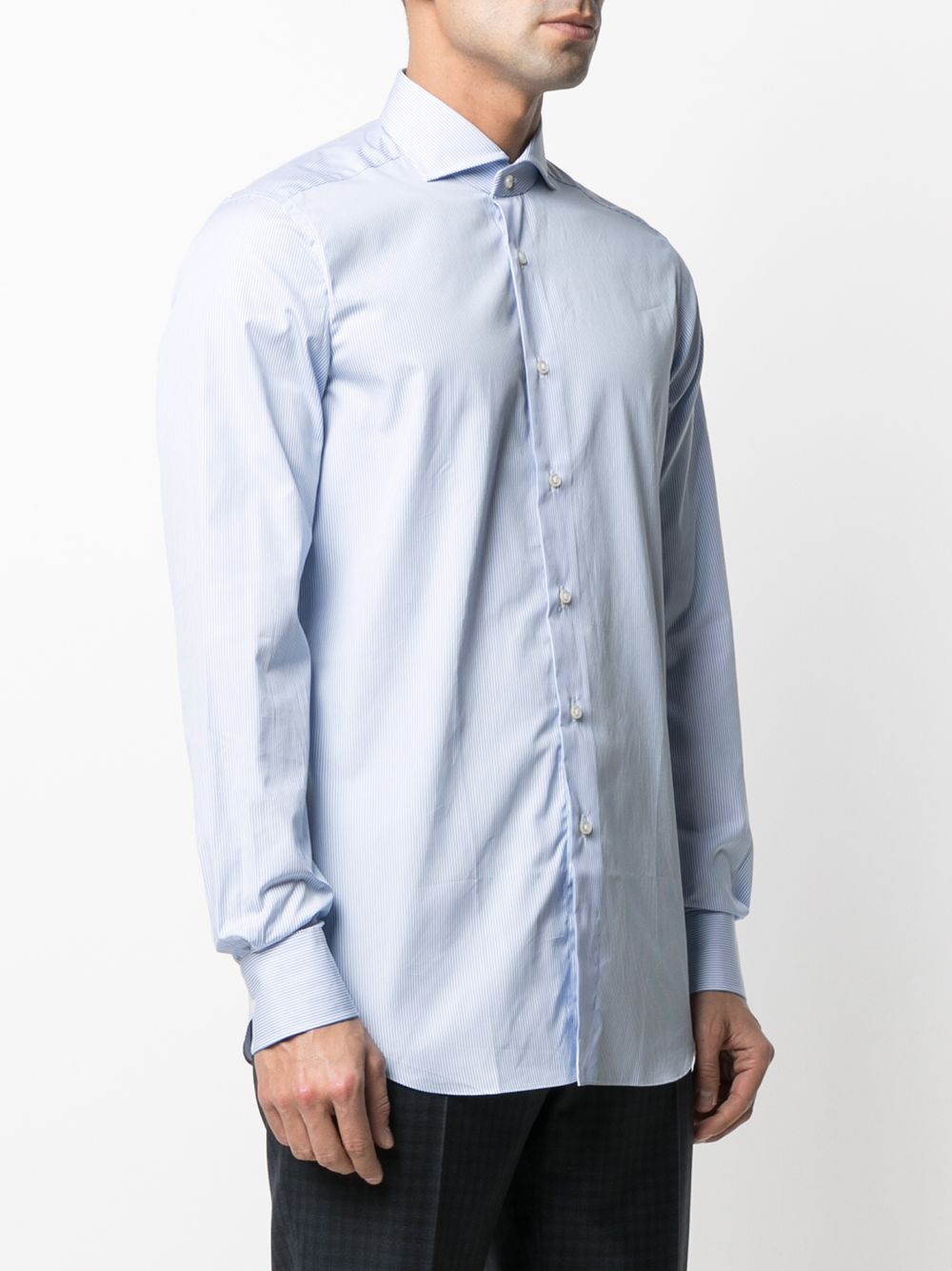 Camicia gessata azzurra in cotone con colletto alla francese 