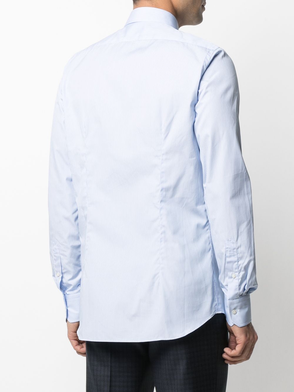 Camicia gessata azzurra in cotone con colletto alla francese 