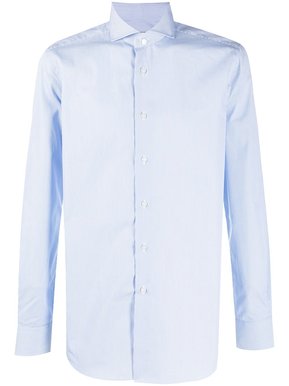 Camicia gessata azzurra in cotone con colletto alla francese 