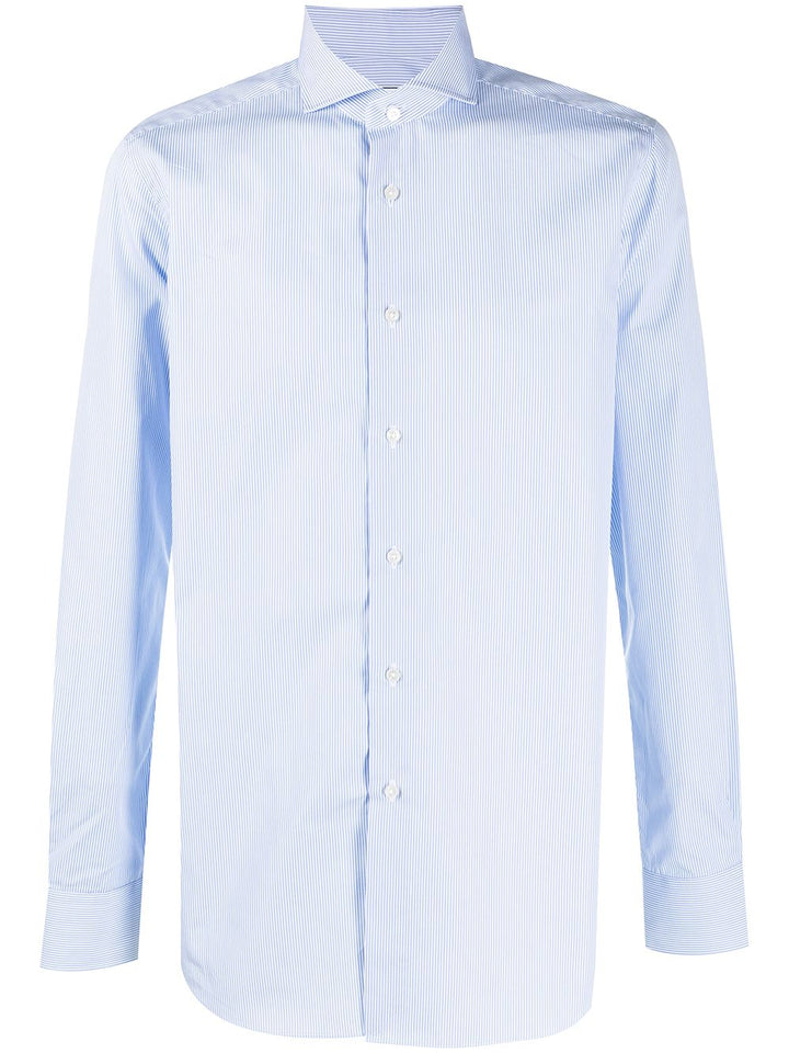 Camicia gessata azzurra in cotone con colletto alla francese 