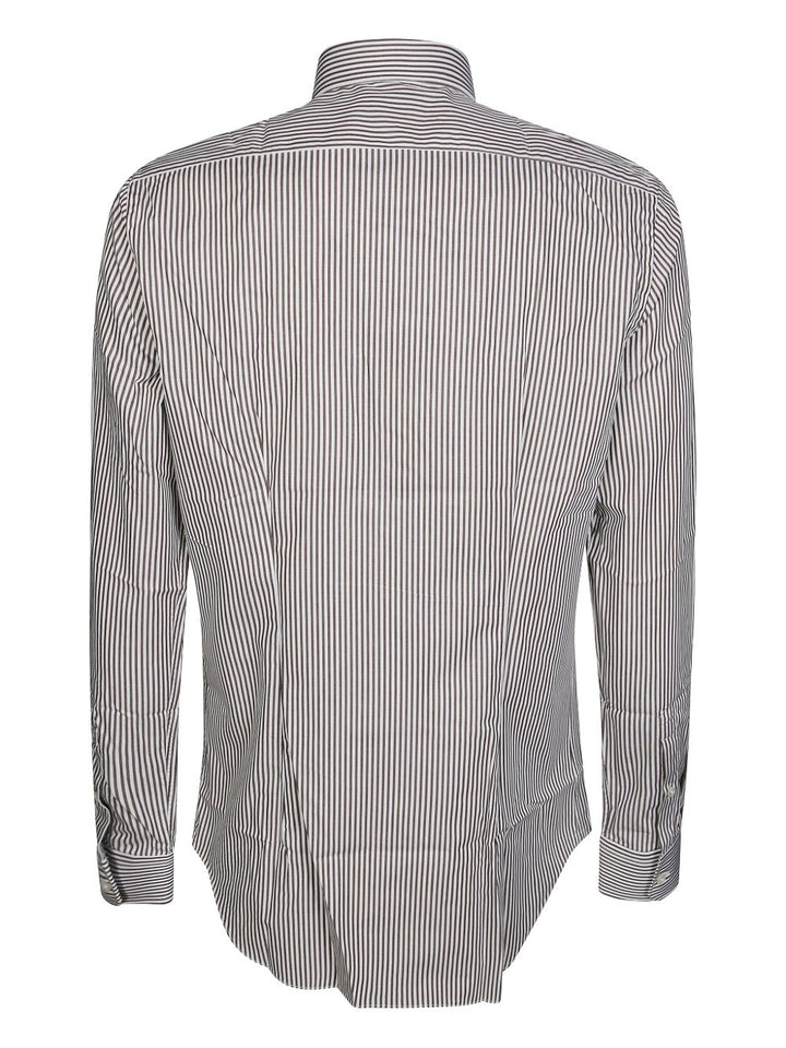 Camicia gessata marrone e bianca in cotone con colletto alla francese 