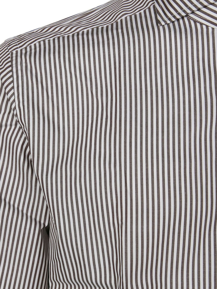 Camicia gessata marrone e bianca in cotone con colletto alla francese 