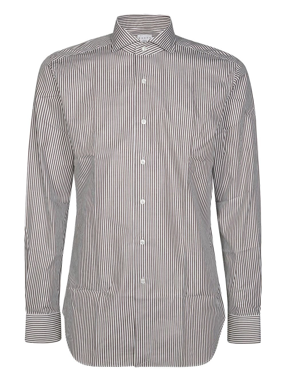 Camicia gessata marrone e bianca in cotone con colletto alla francese 