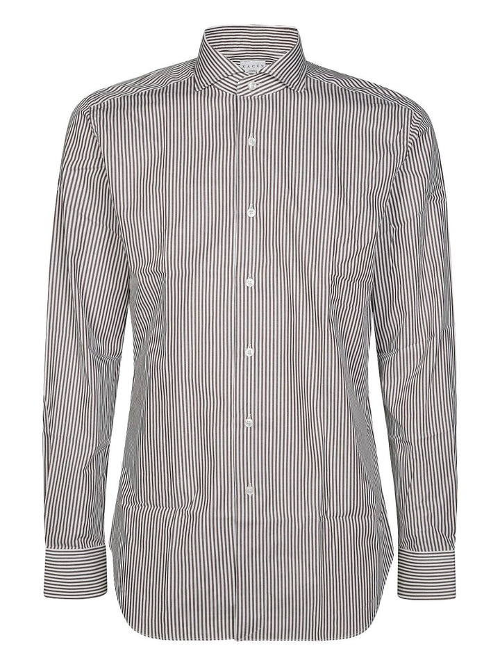 Camicia gessata marrone e bianca in cotone con colletto alla francese 