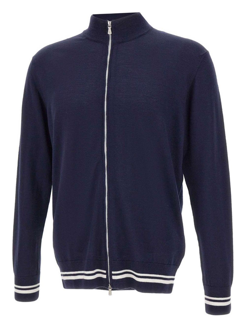 Cardigan blu navy con zip two-way e colletto rialzato 