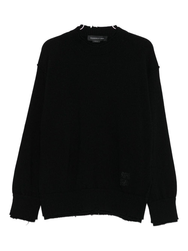 Maglione nero girocollo effetto vissuto