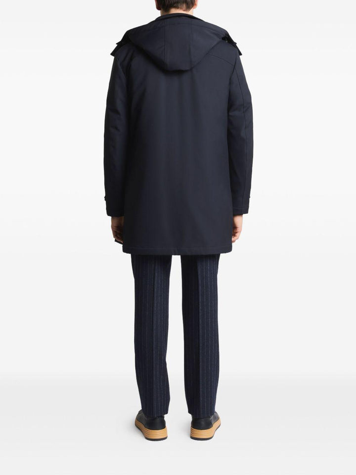 Cappotto blu navy con cappuccio 