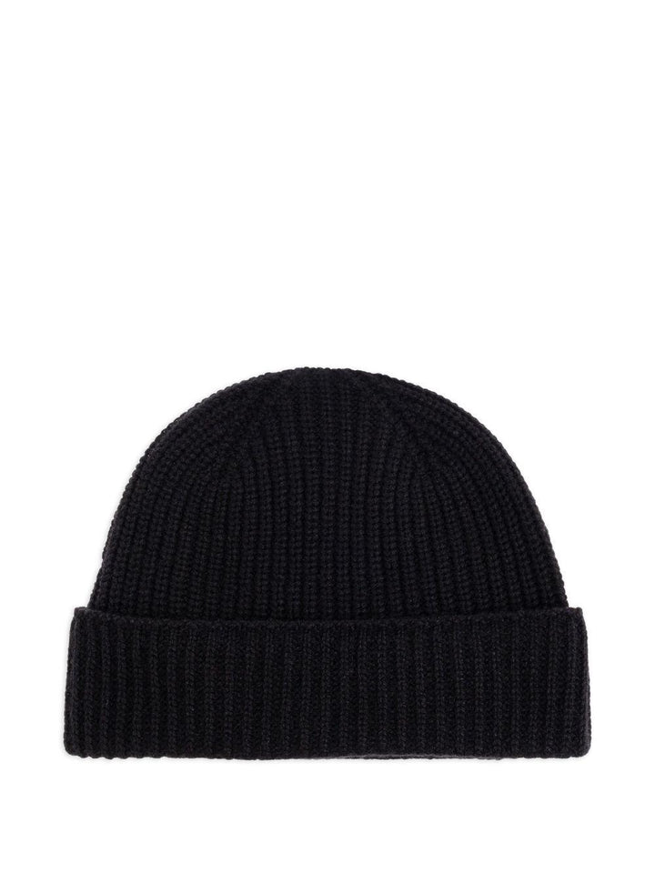 Berretto nero a coste in cashmere con logo 