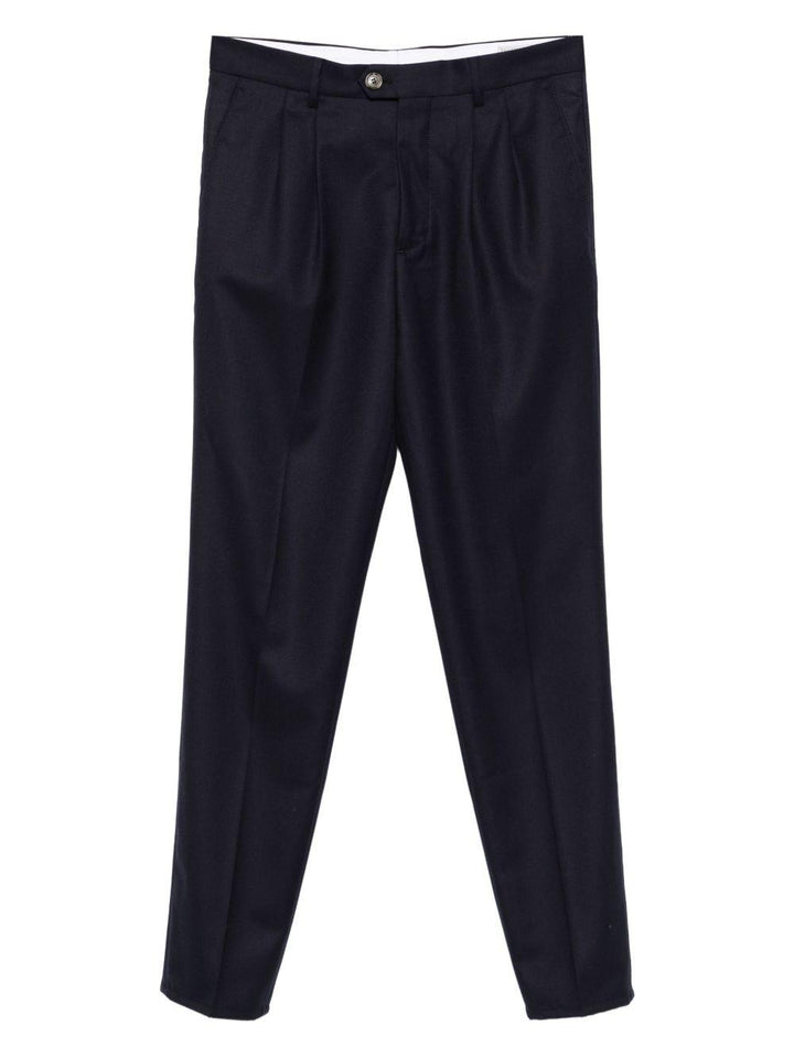 Pantaloni blu scuro in lana plissettati con patta e tasche a filetto 